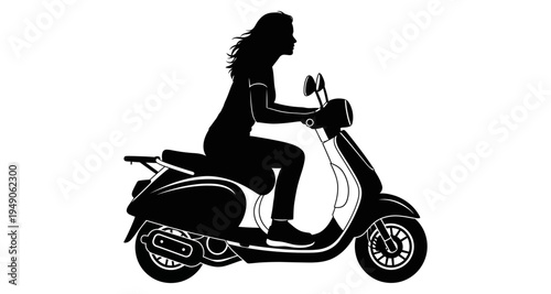 A silhouette of a woman riding a vintage style scooter in profile