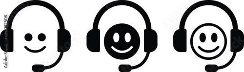 Customer service headset smile icon set, support agent call center help desk operator communication vector illustration collection design