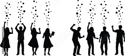 Dancing people party silhouette collection, happy men and women dancing at celebration, music festival nightlife event vector illustration