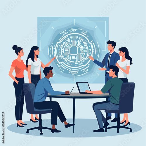 A minimalist illustration depicting two professionals in a workplace setting. Ideal for representing teamwork, corporate environments, and professiona