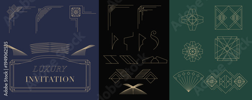 Art Deco Geometric Gold Line Ornaments and Decorative Borders Collection for lable,business card and certificate on dark design