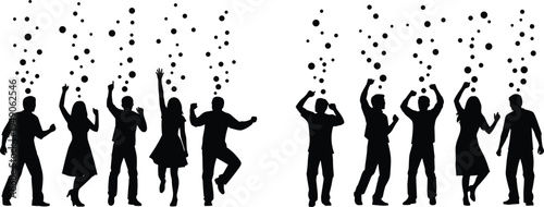 Group of dancing people silhouettes celebrating party, happy crowd dancing at music festival nightlife celebration event vector illustration set