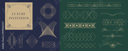 Art Deco Geometric Gold Line Ornaments and Decorative Borders Collection for lable,business card and certificate on dark design