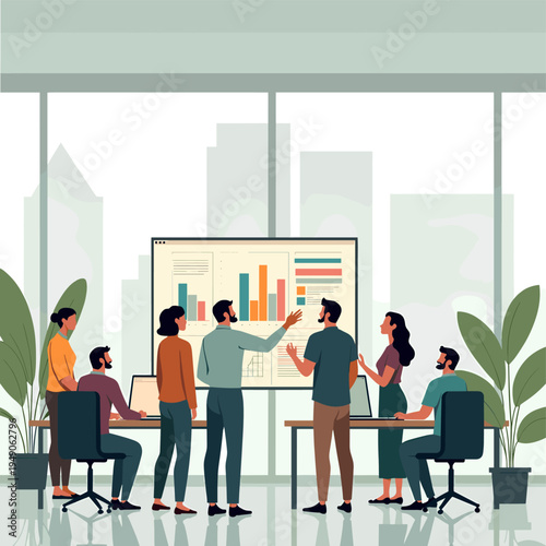 A modern illustration depicting two colleagues working closely together, perfect for showcasing teamwork, problem-solving, or a collaborative work env