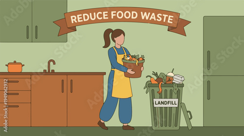 Woman reducing food waste in kitchen, promoting sustainability
