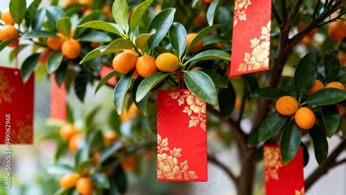 Fresh kumquat fruits hanging on a decorative tree with red envelopes symbolizing prosperity and good fortune during Lunar New Year celebrations.
