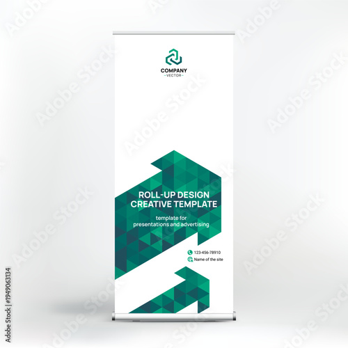 Banner design, roll-up stand for advertising, conferences, seminars, poster template for placing photos and text. Creative background for presentation