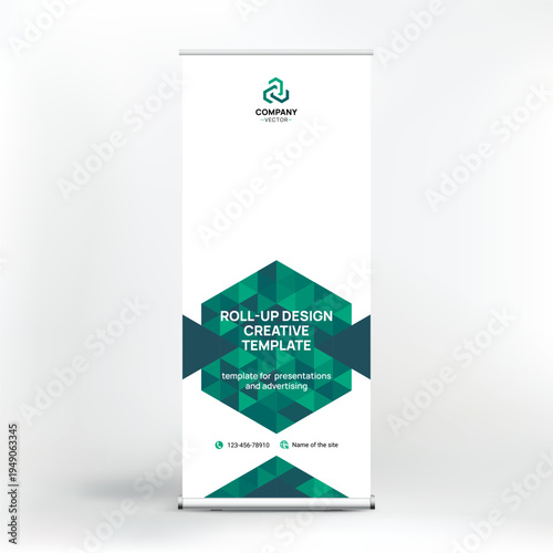 Banner design, roll-up stand for advertising, conferences, seminars, poster template for placing photos and text. Creative background for presentation