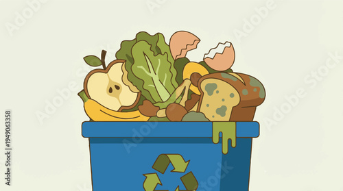 Food waste overflowing from recycling bin, illustrating compost and organic disposal