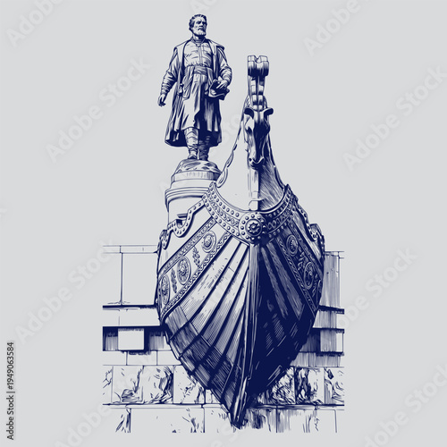 Blue ink sketch illustration of historic naval monument with standing figure on ship prow pedestal on mint background