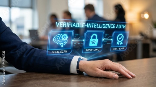 Business professional interacting with verifiable intelligence authentication technology on a futuristic interface with logic scan, proof sync, and trust scale features in an office setting.