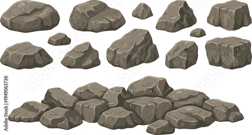 Cartoon rock illustration collection featuring individual stones, clustered piles, textured gray formations, natural environment vector design set