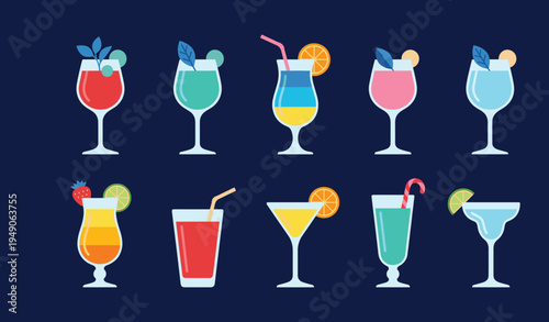 Colorful drink illustration collection featuring fruit garnishes, straws, citrus slices, festive refreshment glass vector design set
