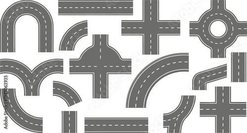Road segment illustration collection featuring straight, curved, U-turn, T-junction, Y-junction, roundabout, cross intersection vector design set