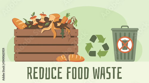 Reduce food waste concept with compost bin, recycling symbol, and trash can