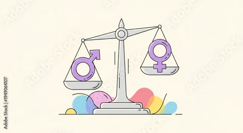 Gender equality scales with male and female symbols in balance on colorful background