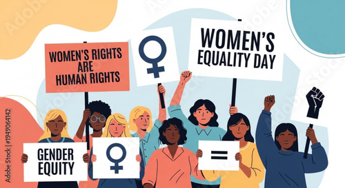 Diverse women holding protest signs for women's equality day and gender equity in a vibrant illustration