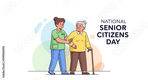 National senior citizens day illustration with caregiver helping elderly man