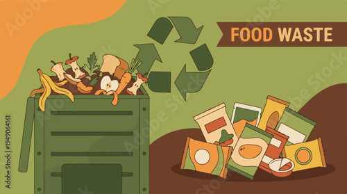 Sustainable food waste management with compost and recycle symbol