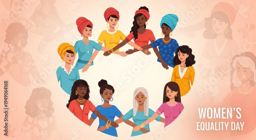 Diverse women join hands in circle for women's equality day celebration with solidarity and support