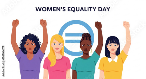 Diverse women raising fists for women's equality day with equality symbol