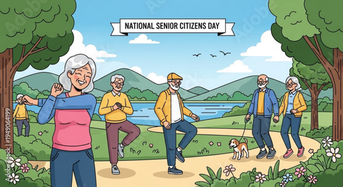 Senior citizens exercising outdoors on national senior citizens day with friends and dog