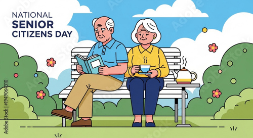 Elderly couple sitting on a park bench celebrating national senior citizens day with tea