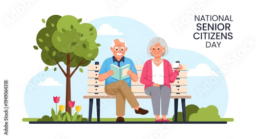 Elderly couple sitting on park bench celebrating national senior citizens day
