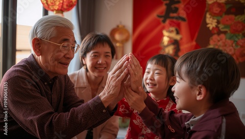 Heartwarming moment of grandparents and children celebrating Chinese New Year with love and happiness.