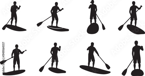 Silhouettes of people paddleboarding in various poses and styles