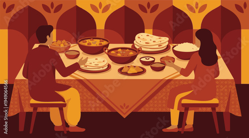Couple enjoying a traditional Indian meal with various dishes, flat illustration