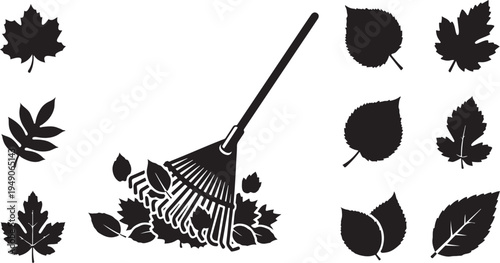 Rake and leaves silhouette for autumn gardening and landscaping