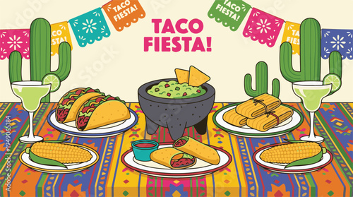 Festive Mexican Taco Fiesta with traditional food, drinks, and decor
