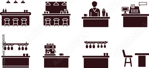 A variety of bar and cafe counter setups with different equipment and seating arrangements