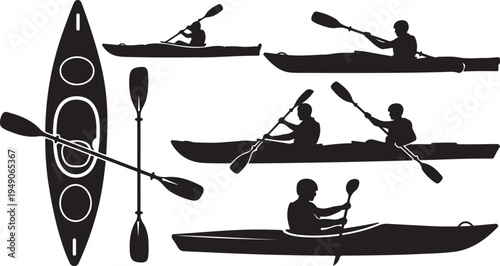 Kayaking Silhouettes with Paddles and Boats on White Background