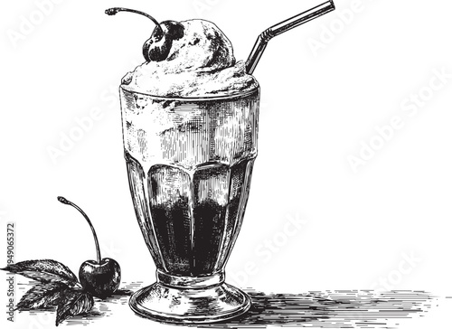 This is a vector illustration of a retro diner milkshake, served in a tall glass with a straw and a cherry on top.