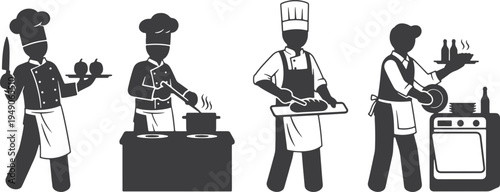 Four chefs demonstrating various stages of food preparation in a kitchen setting