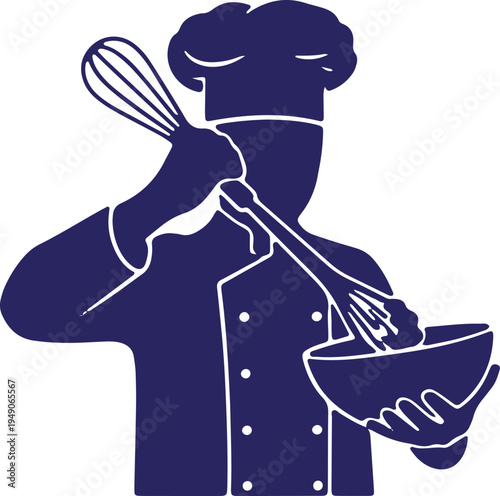 Chef energetically mixing ingredients in a bowl with a whisk