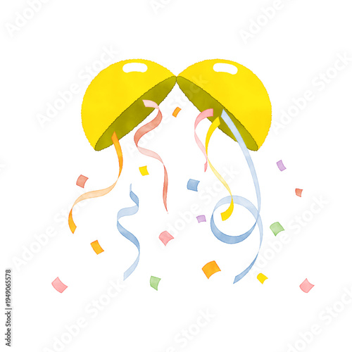 水彩風　割れたくす玉から紙吹雪とリボンが落ちるお祝いイラスト