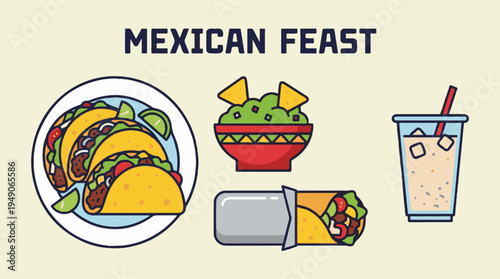 Mexican Feast with Tacos, Guacamole, Burrito, and Refreshing Drink