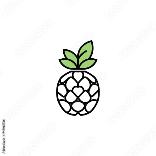 Minimalist pineapple icon with heart-shaped segments and green leaves, a modern vector illustration for healthy food, tropical branding, or sweet fruit designs.