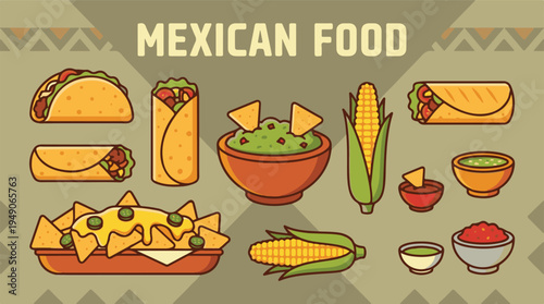 Collection of Popular Mexican Food Dishes and Ingredients Illustration