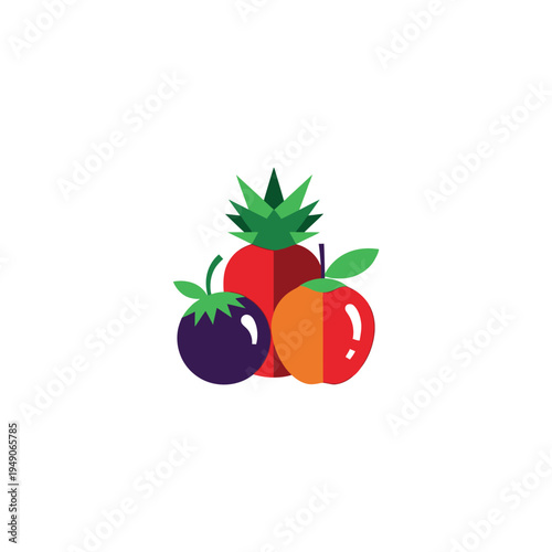 Colorful flat design vector illustration of fresh fruits including pineapple, mangosteen, and apple, perfect for healthy eating concepts and grocery icons.