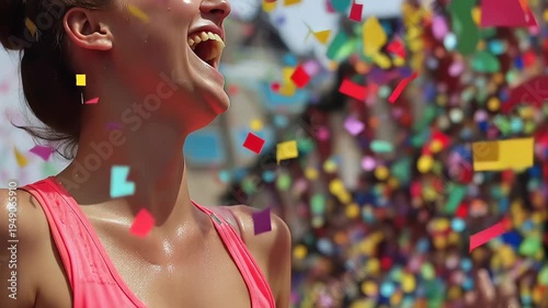 Joyful young woman runner smiles while crossing marathon finish line with colorful confetti in the air