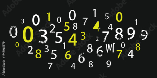 A collection of white numbers scattered on a black background in a random pattern