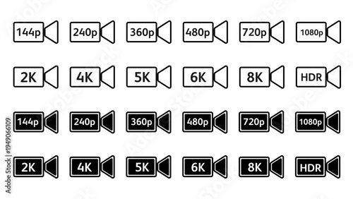 Collection of video resolution labels and camera icons, Element Symbols for film quality, 4K, 8K and HDR imaging