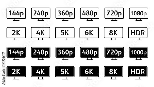 Collection Icons Set of screen resolutions from 144p to 8K and HDR labels in line and solid styles