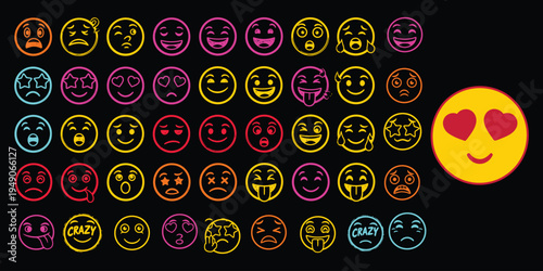 Vibrant array of diverse emojis on black background with one large smiling face