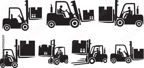 Forklift Silhouettes in Various Industrial Settings and Actions Depicted