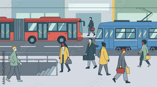 Urban scene with people walking and public transportation vehicles